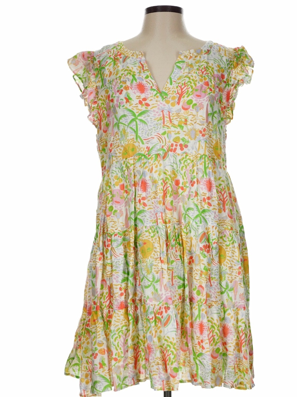 Roller Rabbit linen Floral Tiered Babydoll Dress in Tropical Vacation print L